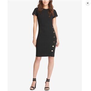 DKNY black short sleeve sheath dress with faux leather trim 12